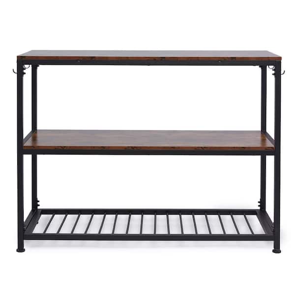 Merra 47.2 in. Deep Walnut Rectangle Wood Console Table Kitchen Island with Shelves and Side Hooks