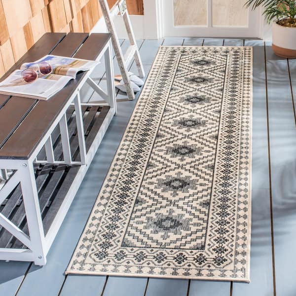 Veranda Ivory/Slate 2 ft. x 8 ft. Border Indoor/Outdoor Patio  Runner Rug