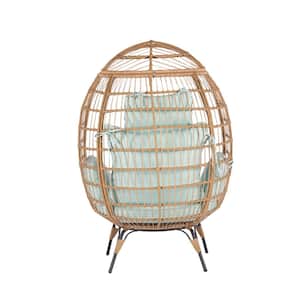 Brown Wicker Indoor Outdoor Egg Lounge Chair with Light Blue Cushion, Steel Frame