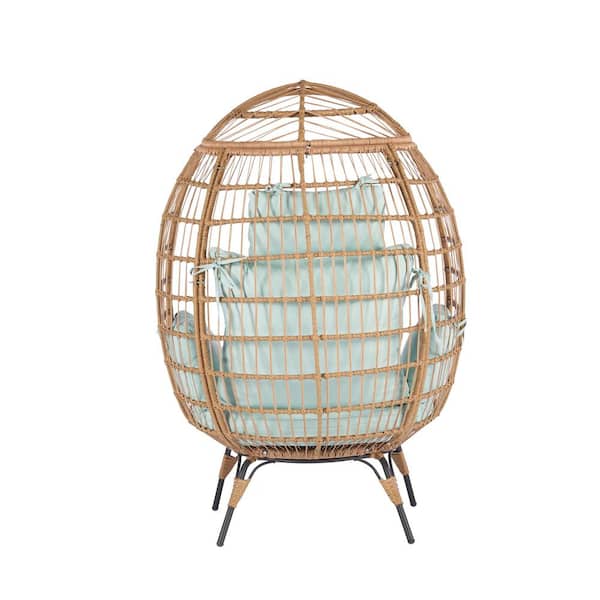 PARASOLAR Brown Wicker Indoor Outdoor Egg Lounge Chair with Light Blue Cushion, Steel Frame