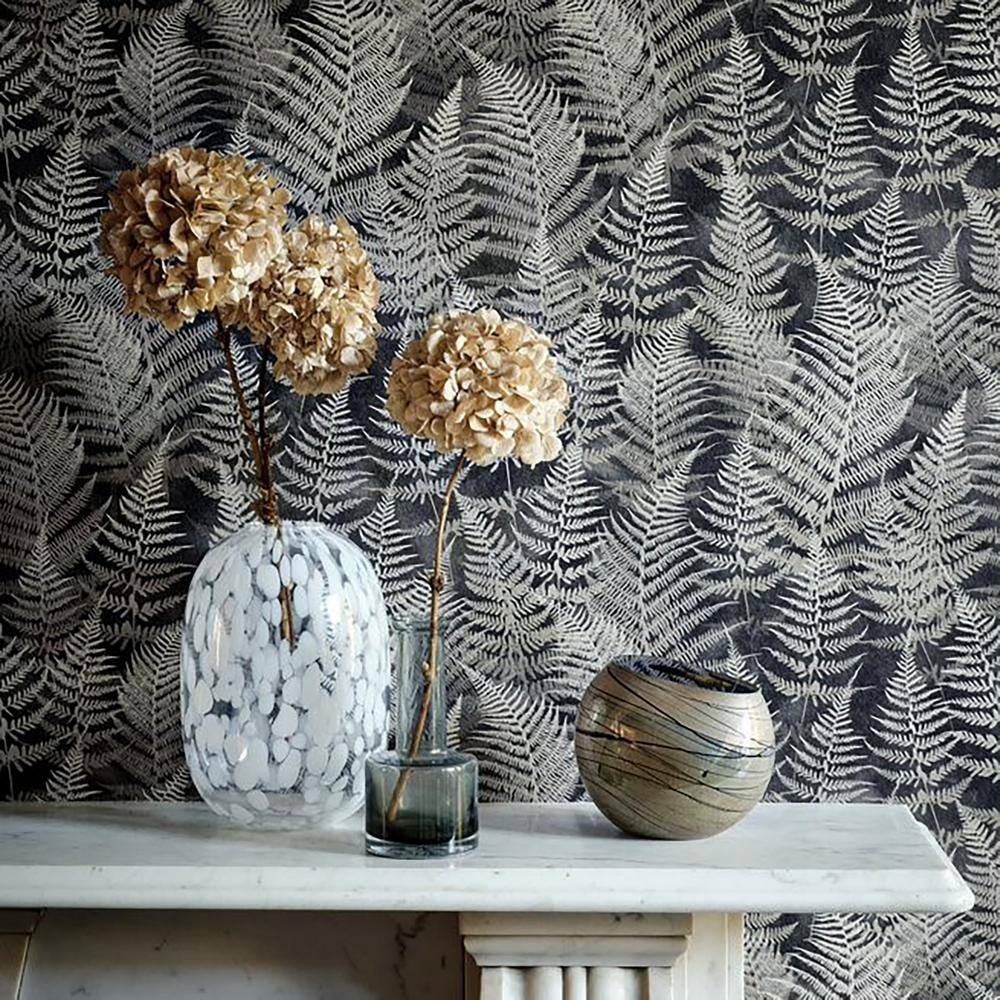 Charcoal and Silver Fern Pattern Removable Wallpaper Roll