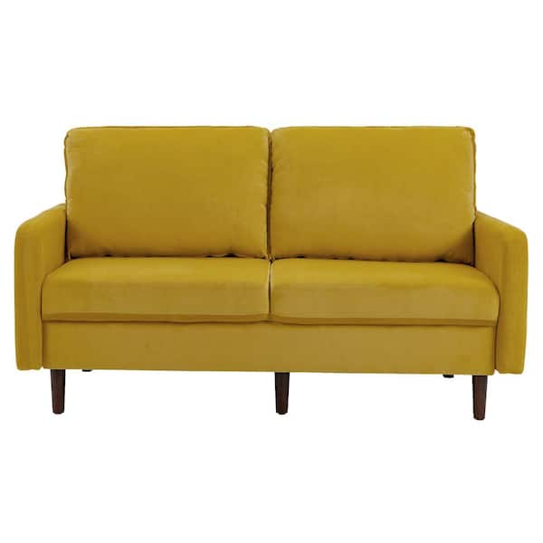Uixe 56.88 in. Straight Arm Velvet Upholstered Rectangle 2-Seater Wood Legs Sofa in. Yellow