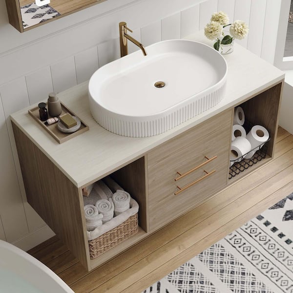 40 in. Wall Mounted Single Sink Light Oak Bath Vanity with White Solid Wood Top Requires Assembly