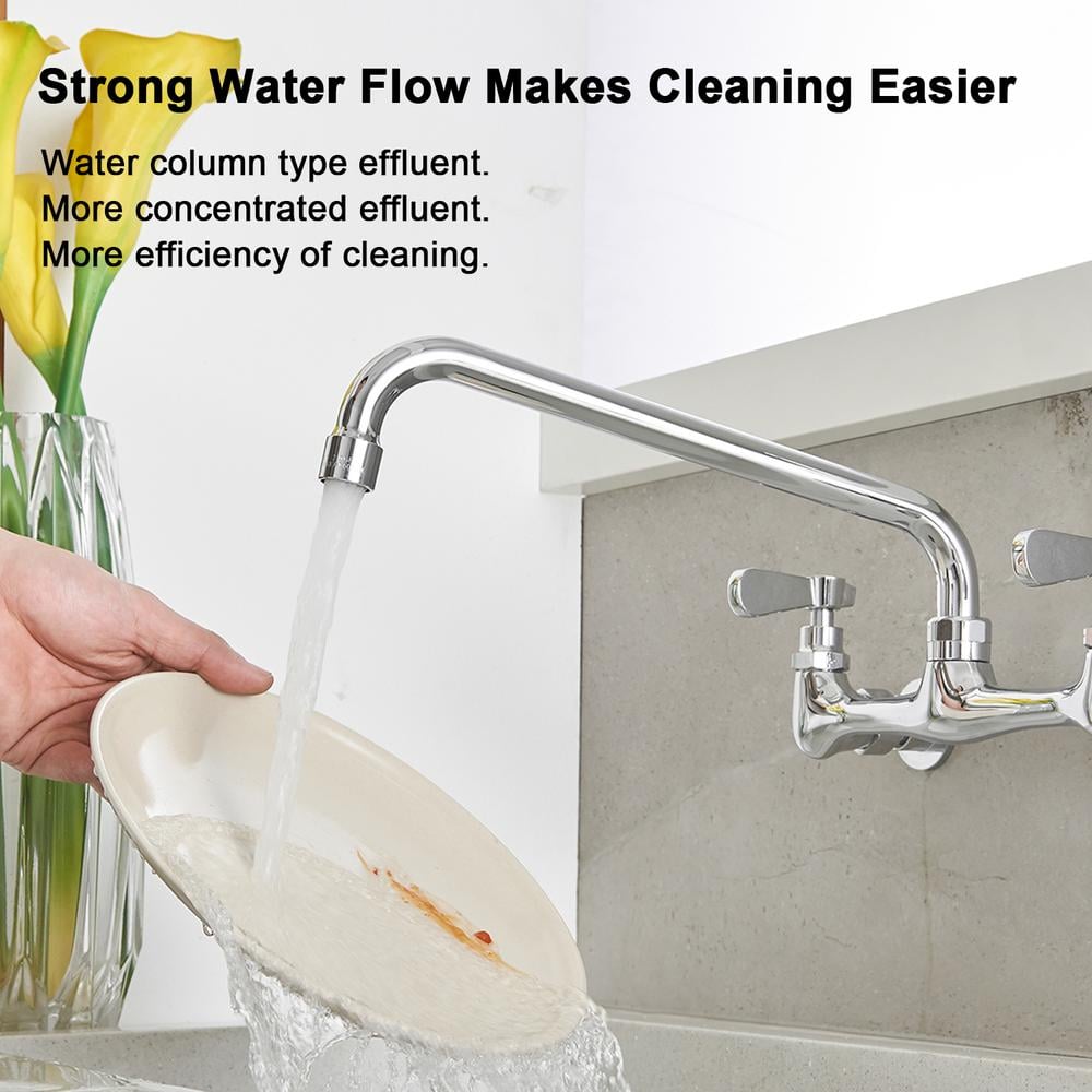 Polished Chrome Double Handle Wall Mount Kitchen Faucet with 12 Inch Swivel Spout