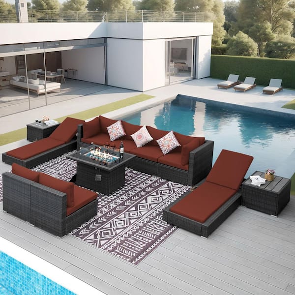 Unbranded 11-Pieces Wicker Outdoor Sectional Patio Furniture Set Conversation Set with Fire Pit Table, Chaise Lounges, Red Cushion