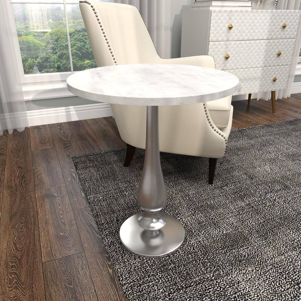 White Marble and Silver Aluminum Round Accent Table