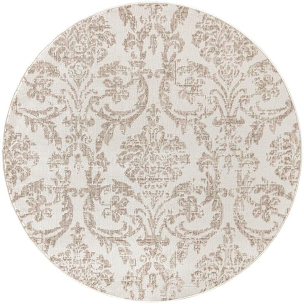 Jubilant Ivory Beige 5 ft. x 5 ft. Damask Transitional Round Area Rug