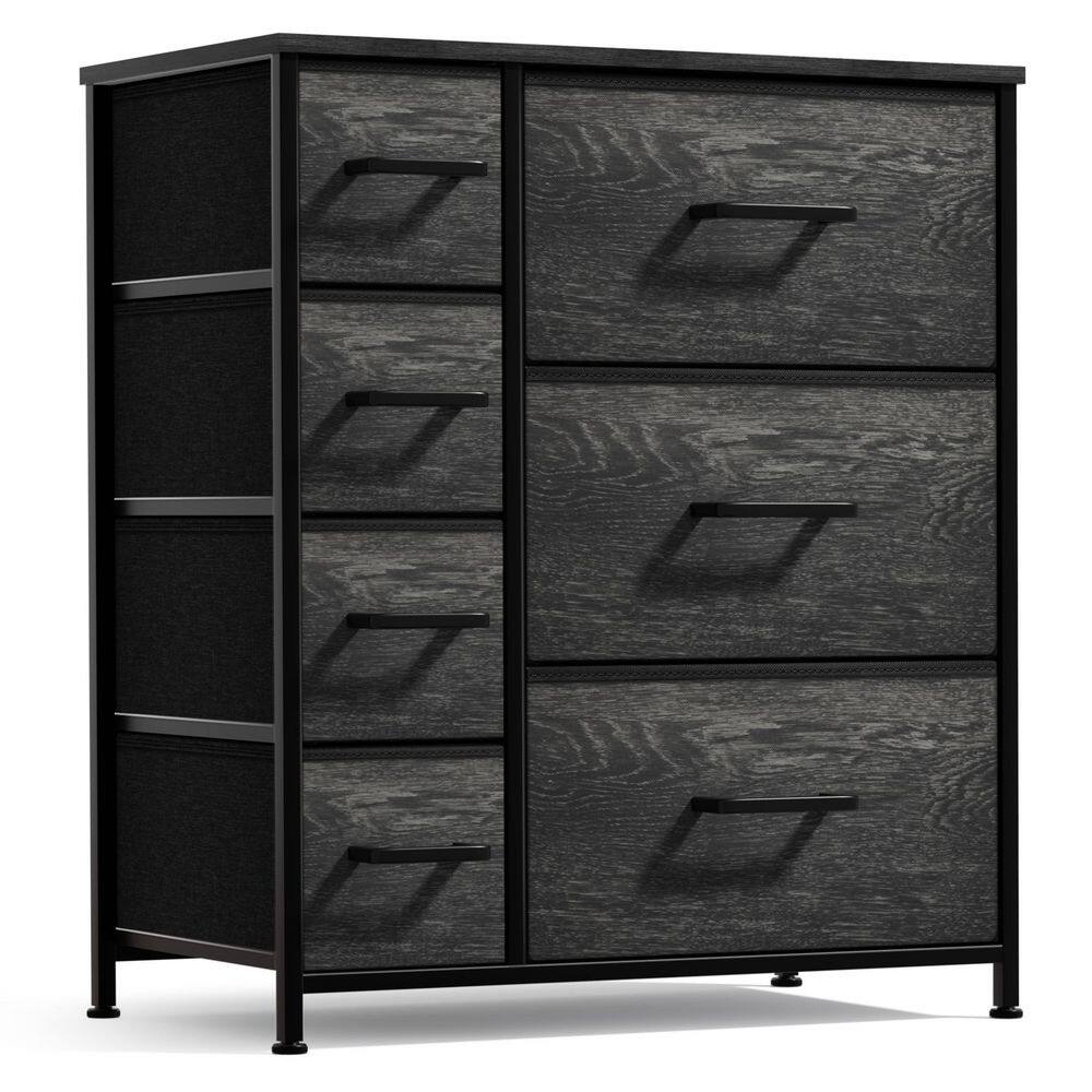 Dresser with Steel Frame, Wood Top, & Easy Pull Fabric Bins, Rustic Black 7 Drawer 31.5 in Wide Dresser Without Mirror