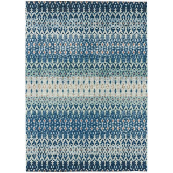 Bravado Blue 9 ft. x 12 ft. Geometric Indoor/Outdoor Washable Area Rug