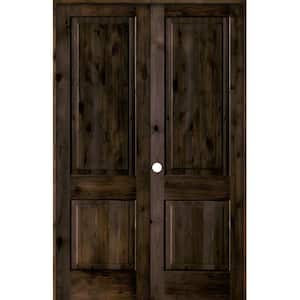 64 in. x 96 in. Rustic Knotty Alder 2-Panel Square Top Right-Handed Black Stain Wood Prehung Interior Double Door
