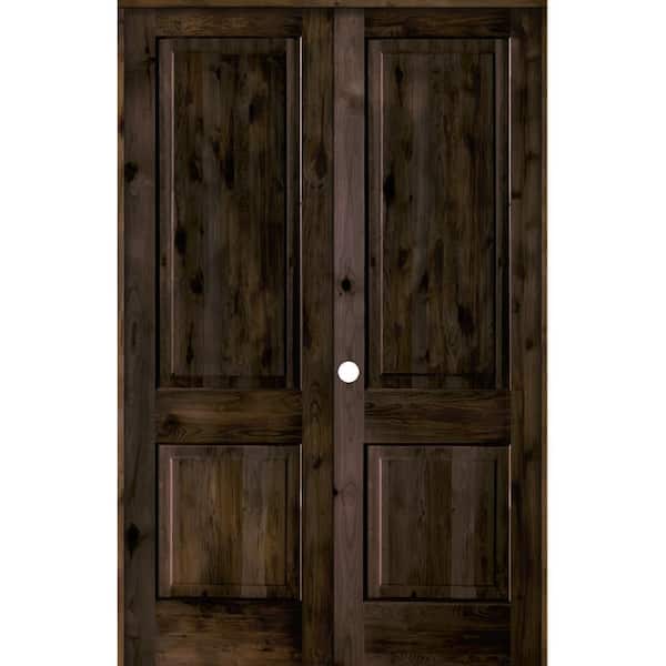 64 in. x 96 in. Rustic Knotty Alder 2-Panel Square Top Right-Handed Black Stain Wood Prehung Interior Double Door
