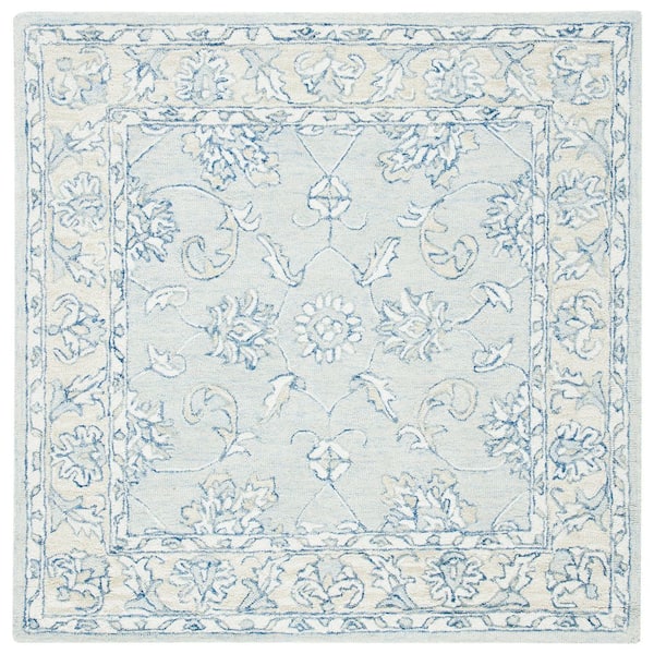 SAFAVIEH Micro-Loop Blue/Beige 5 ft. x 5 ft. Border Medallion Square Area Rug