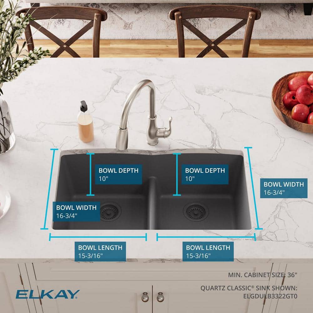 Graphite Double Bowl Undermount Stone Sink, 33 x 19 Inches