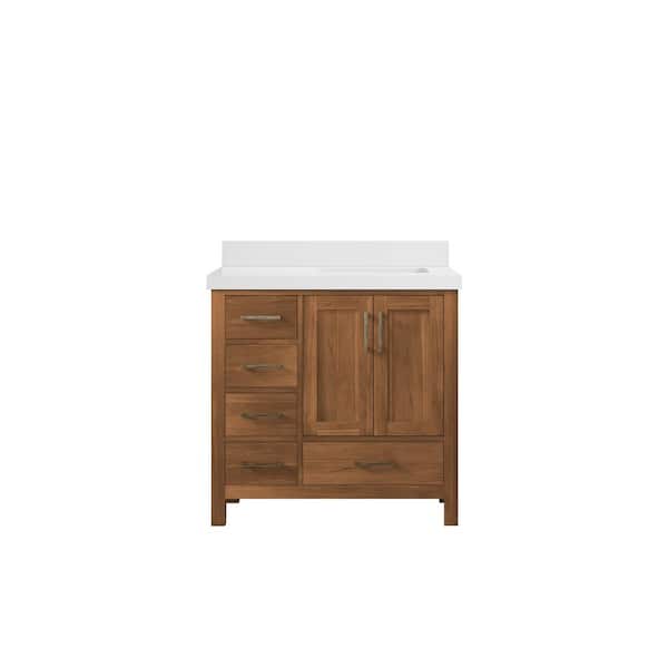 Willow Collections Malibu Teak 36 in. W x 22 in. D x 36 in. H Right Offset Sink Bath Vanity in Gold Teak with 2" White Quartz Top