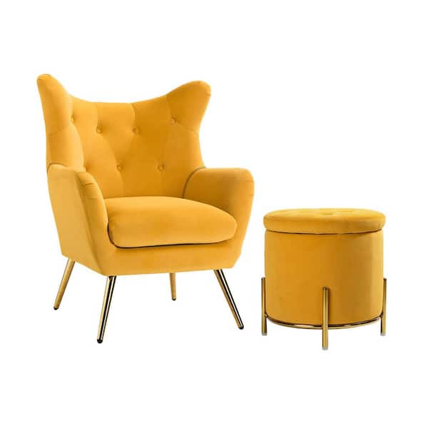 JAYDEN CREATION Esteban Mustard 2-Pieces Living Room Set with Wingback Chairs and Storage Ottomans