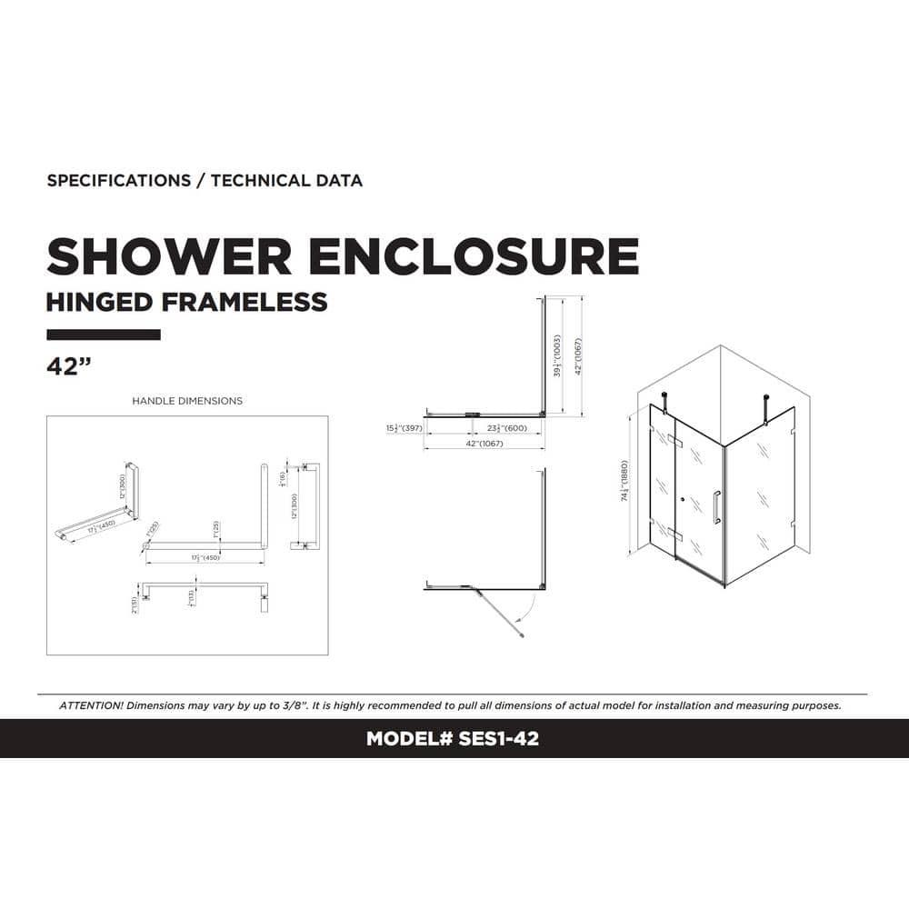 42'' Frameless Hinged Glass Shower Door with Chrome Finish