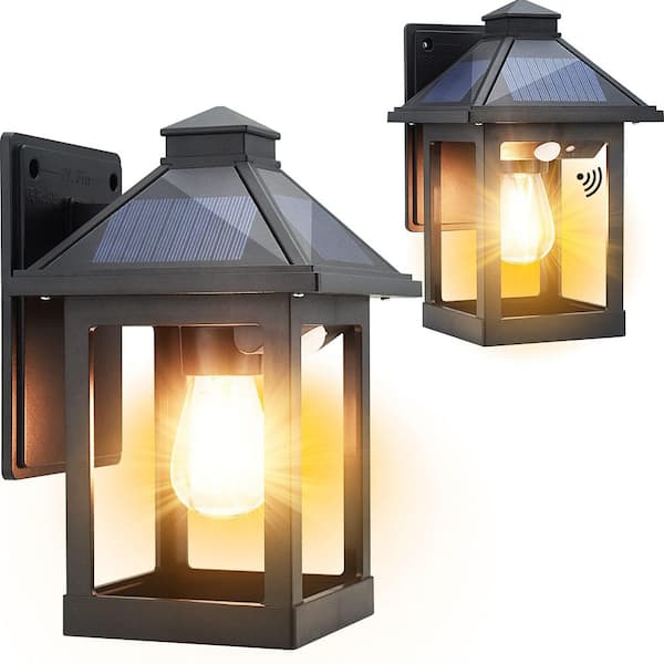 2 Pack Solar Wall Lanterns Outdoor with 3 Modes, Dusk to Dawn Motion Sensor LED Sconce Lights IP65 Waterproof