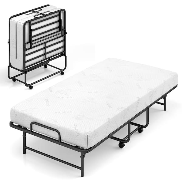 Twin Folding Bed 485 lb. Capacity 5 in. Gel Memory Foam Mattress Metal Slat Frame 4 Wheels (2 Brakes) Folds to 38 x 15 x