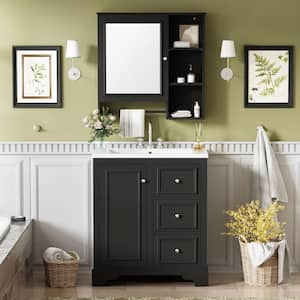 30 in. W x 18.5 in. D x 33.7 in. H Single Sink Bath Vanity in Black with White Ceramic Top and Mirror Cabinet