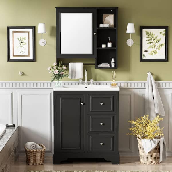 Zeus & Ruta 30 in. W x 18.5 in. D x 33.7 in. H Single Sink Bath Vanity in Black with White Ceramic Top and Mirror Cabinet