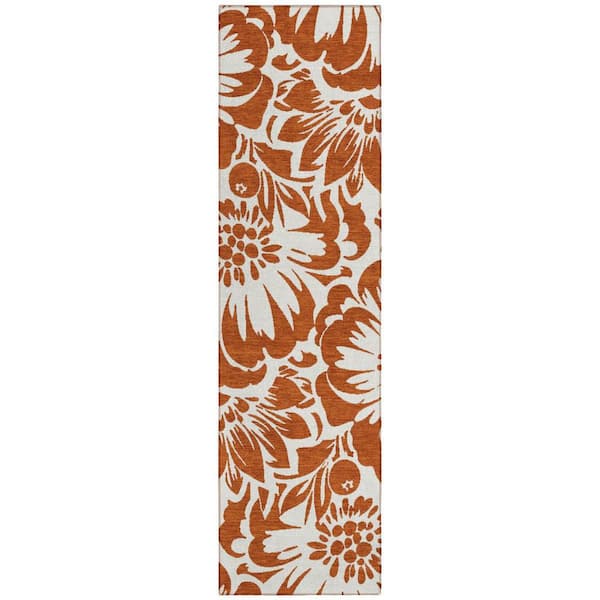 Rust, Ivory 2 ft. x 8 ft. Woven Floral Polyester Runner Indoor / Outdoor Area Rug