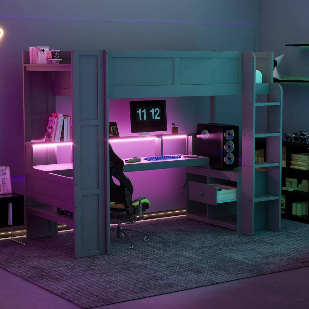 Gaming Style Gray Twin Wood Loft Bed with Built in Tabletop LED Charging Station Multiple Storage Shelves Drawer