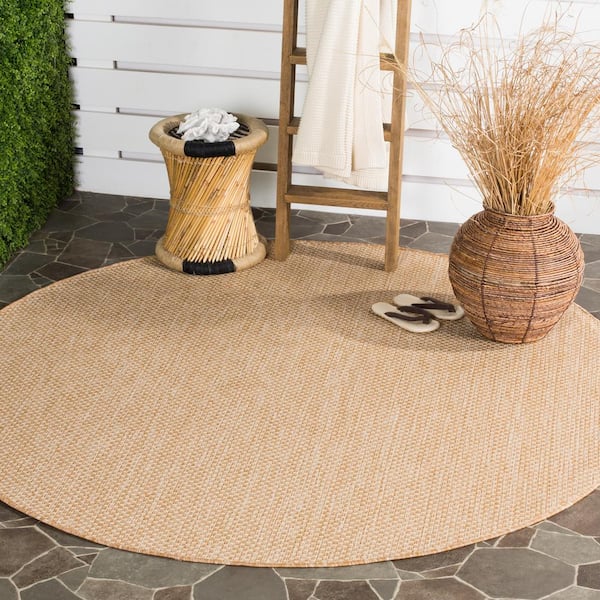 Courtyard Natural/Cream 8 ft. x 8 ft. Solid Distressed Indoor/Outdoor Patio  Round Area Rug