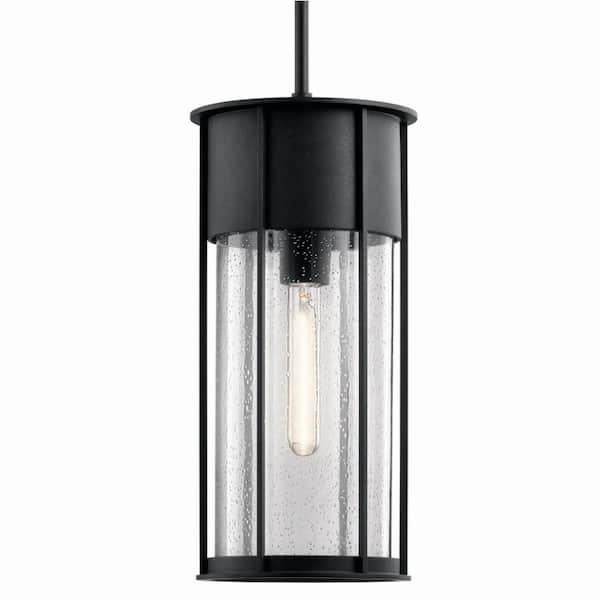 Camillo 18 in. 1-Light Textured Black Outdoor Porch Hanging Pendant Light with Clear Seeded Glass (1-Pack)
