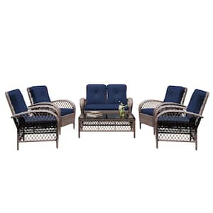 6--Piece Brown Wicker Patio Conversation Seating Set with Navy Blue Cushions and Coffee Table
