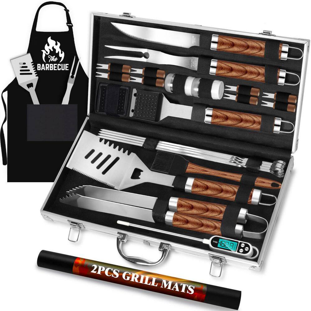 26-Piece Brown Stainless Steel BBQ Grill Accessories Tools Set, BBQ Utensils Kit with Apron, Thermometer and Mats