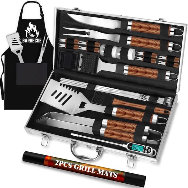 26-Piece Brown Stainless Steel BBQ Grill Accessories Tools Set, BBQ Utensils Kit with Apron, Thermometer and Mats
