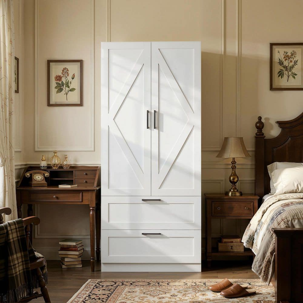 Modern White Wood 31.5 in. W Armoire, Wardrobe, with 2-Drawer and Hanging Rod for Small Space Bedroom Clothes Storage