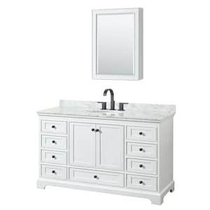 Deborah 60 in. W x 22 in. D x 35 in. H Single Bath Vanity in White with White Carrara Marble Top & Med Cab Mirror