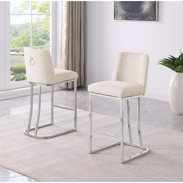 Best Quality Furniture Owen Cream Boucle Fabric Bar Stool (Set of 2) With Chrome Legs