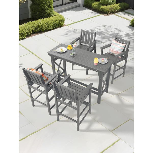 5-Piece Gray HDPE Plastic Outdoor Bar Set with Rectangular Bar Table