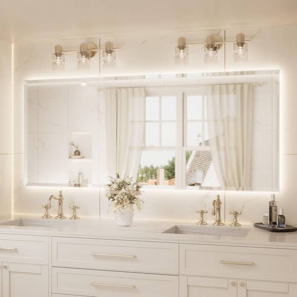 84 in. W x 36 in. H Beveled Frameless LED Lighted Bathroom Vanity Mirror with Light with Backlit and Anti-Fog