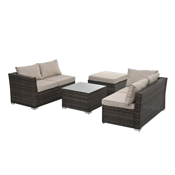 Zeus & Ruta 4-Piece Browm PE Rattan Wicker Outdoor Patio Conversation Sectional Sofa with Khaki Cushions, Coffee Table and Ottoman