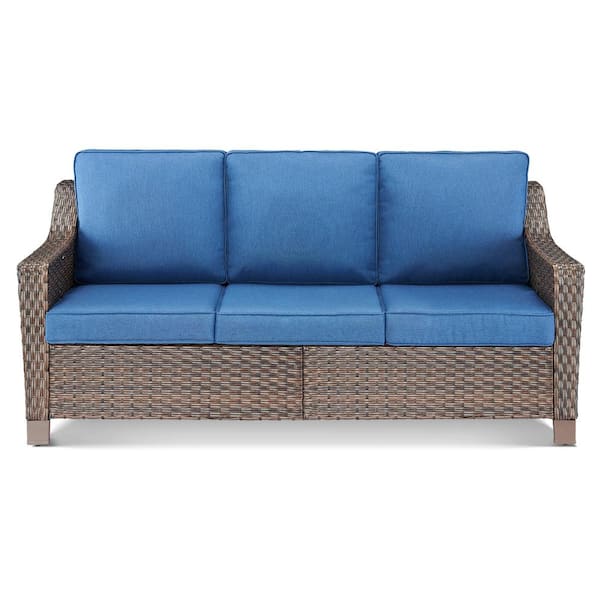 Gymojoy Frazee Brown Wicker 3-Seat Sofa 1-Piece Outdoor Couch with Cushion Guard Blue Cushions