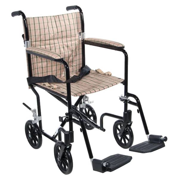 Drive Flyweight Lightweight Transport Wheelchair with Black Frame and Tan Plaid Chair