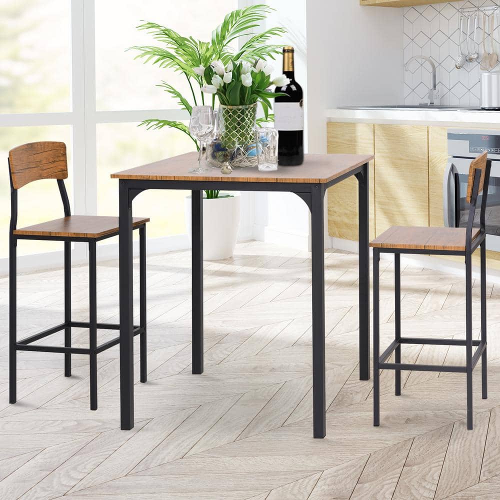 Rustic Brown MDF and Steel Pub Table Set with 2 Chairs
