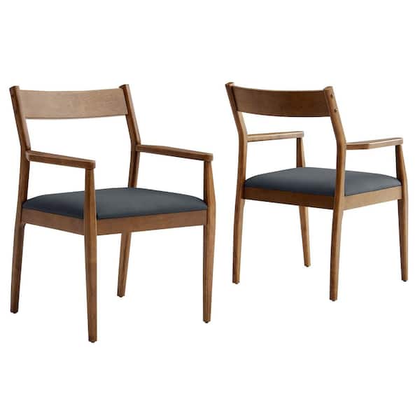 Solara Wood Dining Chairs with Vegan Leather Seats in Walnut Black-(Set of 2)