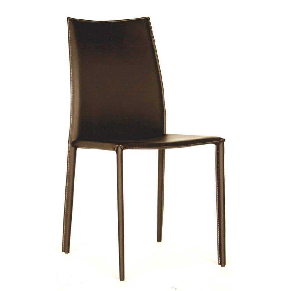 High-Back Parsons Side Chair in Brown Faux Leather and Metal