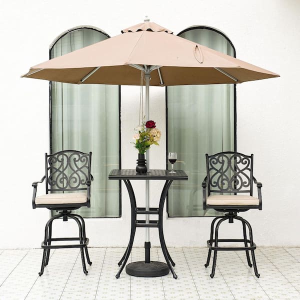 3-Piece Black Cast Aluminum Square Table Outdoor Bistro Set with 2-Bar Height Swivel Chairs, Beige Cushion, Umbrella
