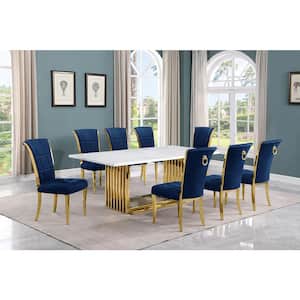 Lisa 9-Piece Rectangle White Marble Top Gold Stainless Steel Dining Set With 8-Navy Blue Velvet Gold Iron Leg Chairs