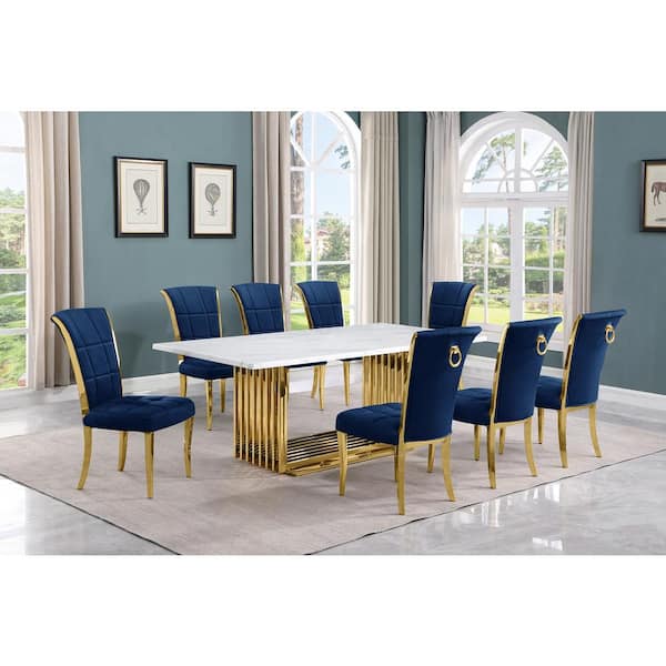 Best Quality Furniture Lisa 9-Piece Rectangle White Marble Top Gold Stainless Steel Dining Set With 8-Navy Blue Velvet Gold Iron Leg Chairs