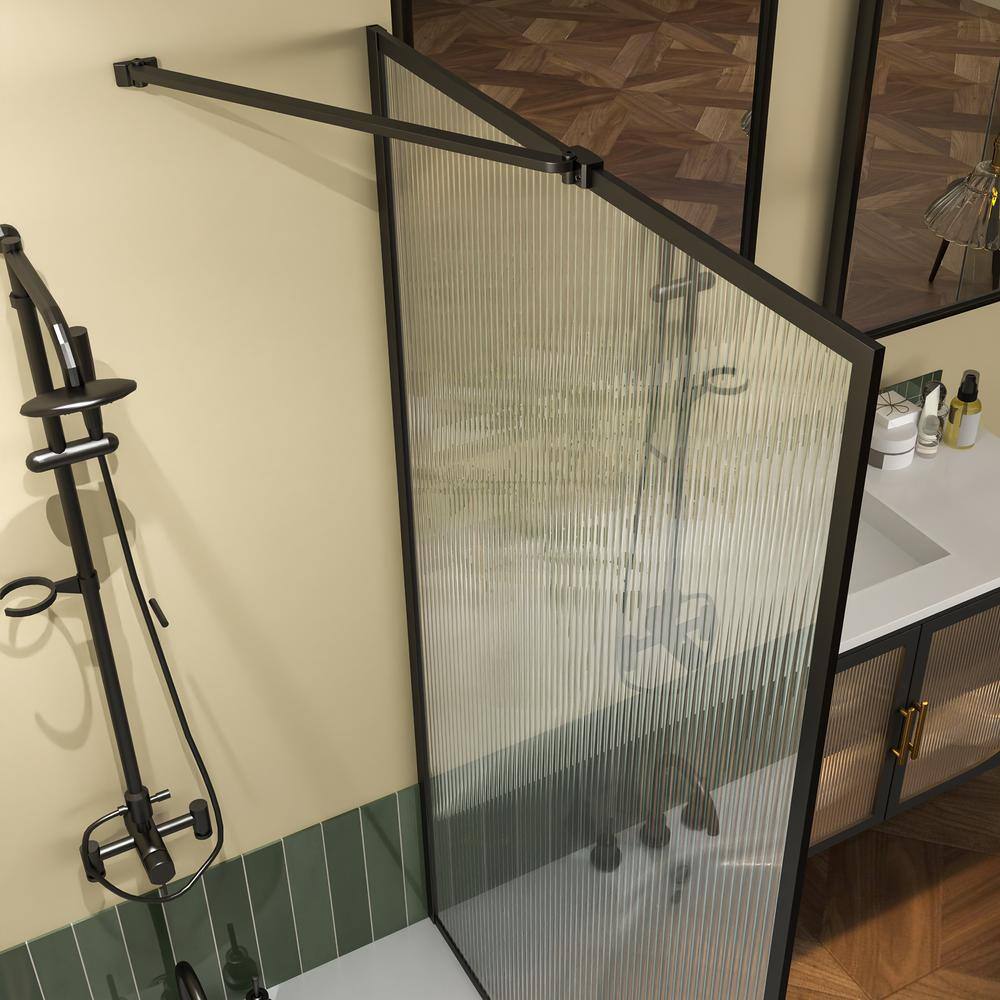 33"W x 58"H Matte Black Framed Fluted Glass Tub Door