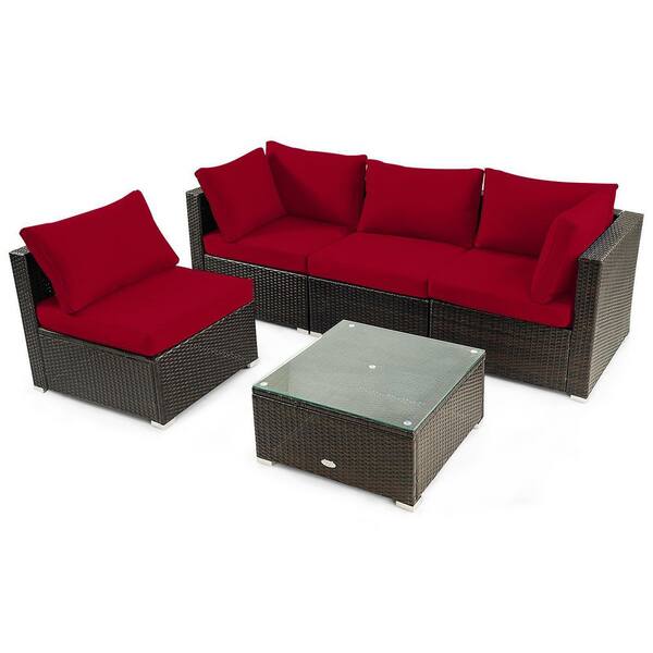 Costway 5-Piece Wicker Patio Conversation Set with Red Cushions Sofa Chair Coffee Table