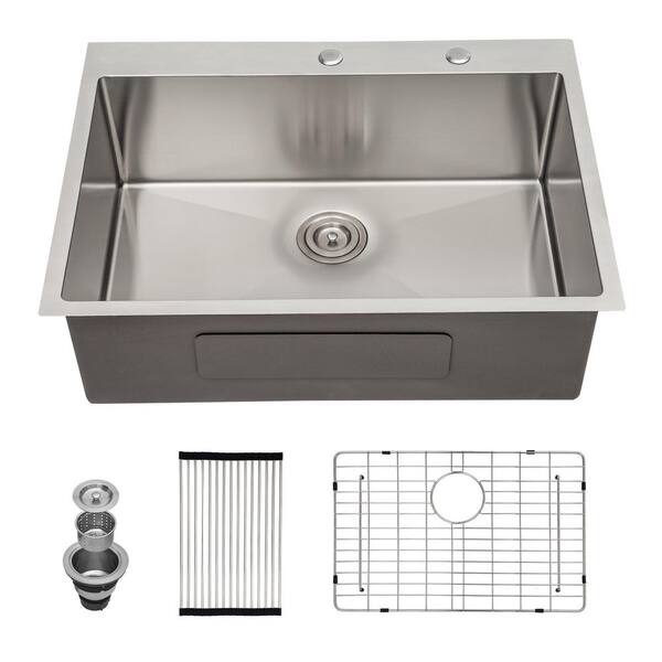 Logmey 16-Guage Stainless Steel 33 in. Single Bowl Round Corner Drop-In ...