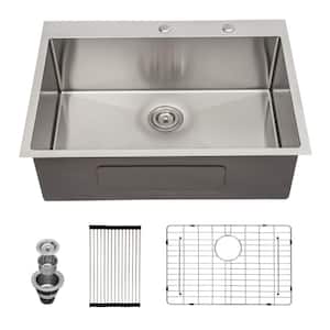 16-Guage Stainless Steel 33 in. Single Bowl Round Corner Drop-In Kitchen Sink with Strainer and Bottom Grid