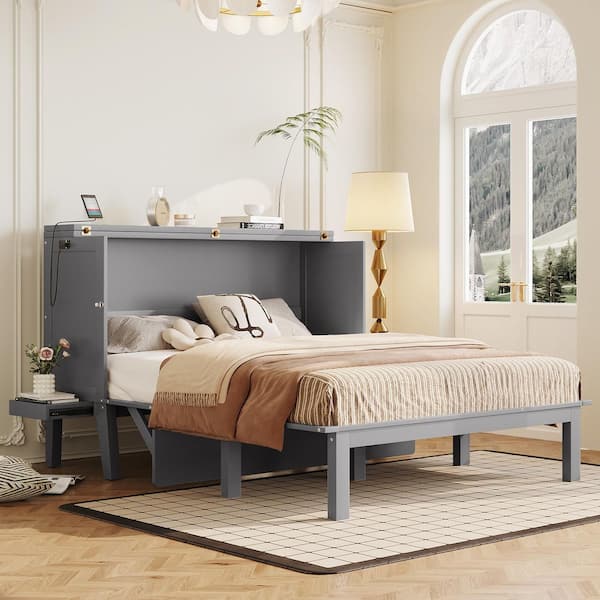 Gray Wood Frame Queen Size Murphy Bed with USB Port and Removable Shelves on Each Side